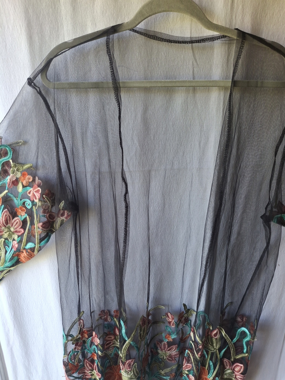 Sheer Black Embroidered Floral Kimono Jacket